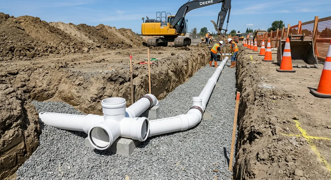 New PVC sewer pipe installation in open trench for Grease Trap Cleaning in Huron