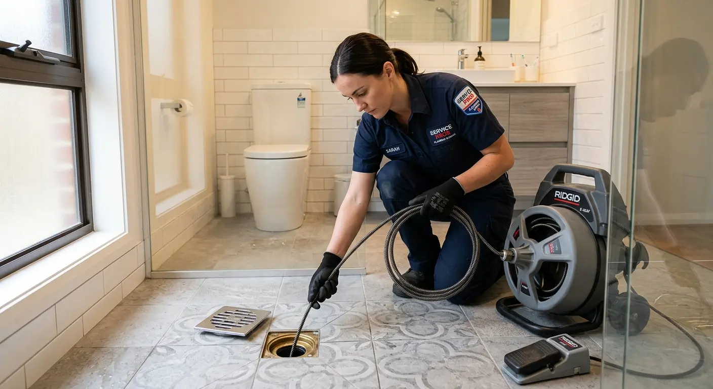 Technician clearing a bathroom floor drain for Sewer Line Replacement in Huron